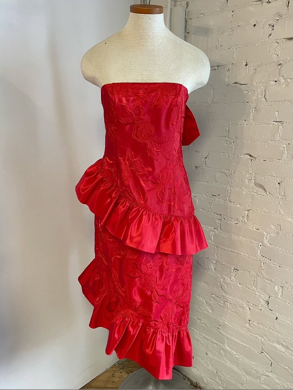 Strapless Red Ruffle Midi Dress